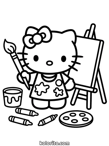 Hello Kitty coloring page: painting at an easel with a palette and jars of brushes
