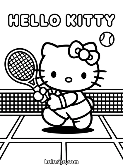 Hello Kitty coloring page: holding a tennis racket beside a net on a marked court