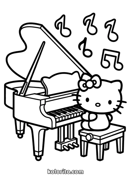 Hello Kitty coloring page: playing a grand piano with music notes rising above it