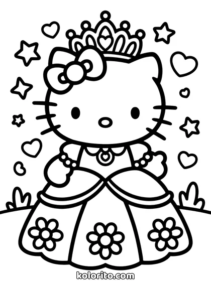 Hello Kitty coloring page: in a crown and a long gown patterned with flowers
