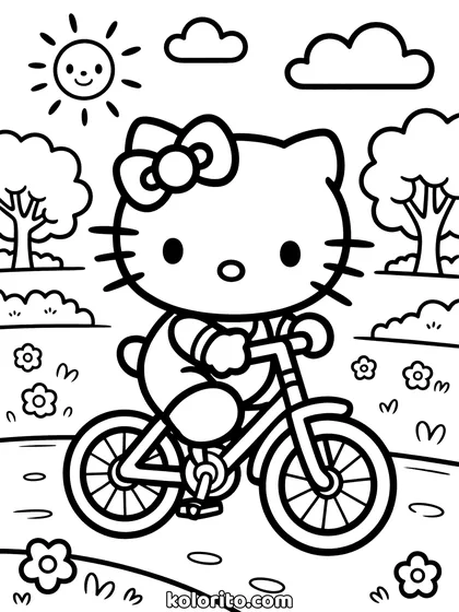 Hello Kitty coloring page: riding a bicycle along a park path with trees and flowers