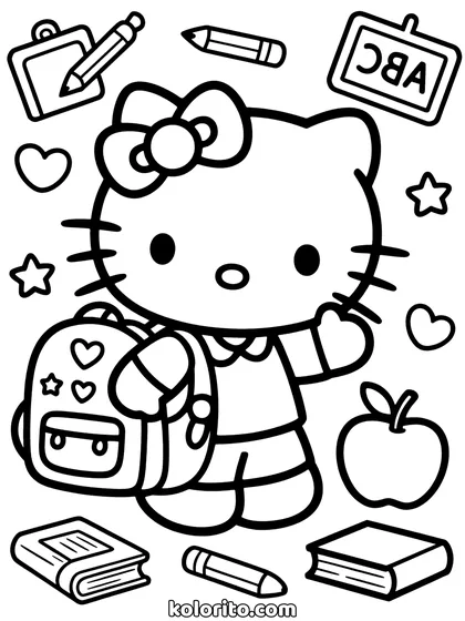 Hello Kitty coloring page: with a backpack, books, an apple and pencils around her