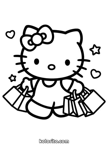 Hello Kitty coloring page: carrying a shopping bag in each paw
