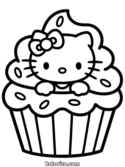 Hello Kitty coloring page: sitting in the frosting on top of a large cupcake