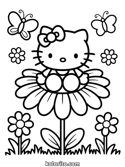 Hello Kitty coloring page: sitting in the middle of a large daisy with butterflies around