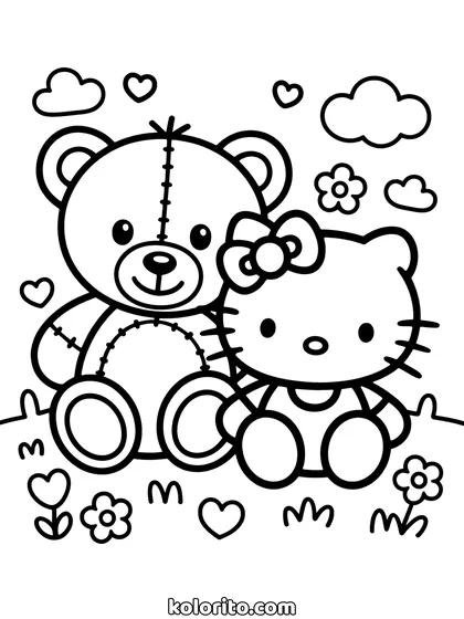 Hello Kitty coloring page: sitting beside a large teddy bear, hearts and flowers around them