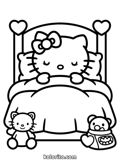 Hello Kitty coloring page: asleep in bed under a patterned quilt with toys beside her