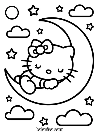 Hello Kitty coloring page: asleep on a crescent moon among stars and clouds