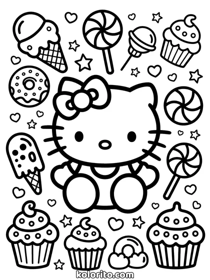 Hello Kitty coloring page: surrounded by lollipops, cupcakes, donuts and ice creams