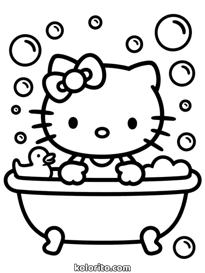 Hello Kitty coloring page: sitting in a bathtub full of bubbles with a rubber duck