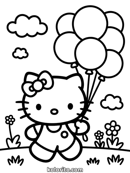 Hello Kitty coloring page: walking while holding a bunch of balloons on strings
