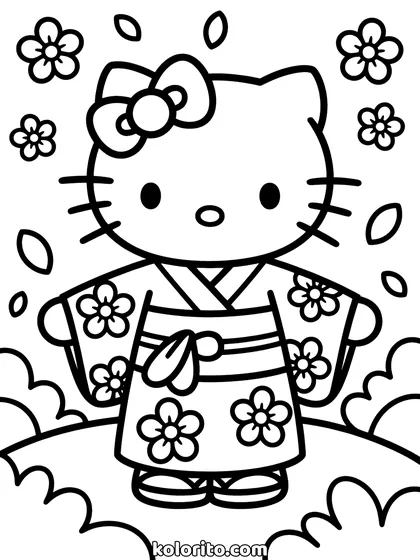 Hello Kitty coloring page: in a kimono with a wide sash and flower patterns