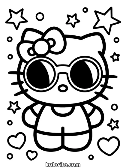 Hello Kitty coloring page: wearing large round sunglasses, with stars around her