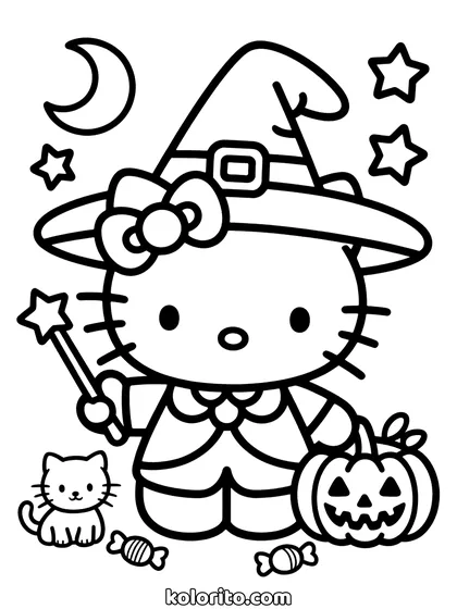 Hello Kitty coloring page: in a witch costume with a wand, a black cat and a pumpkin