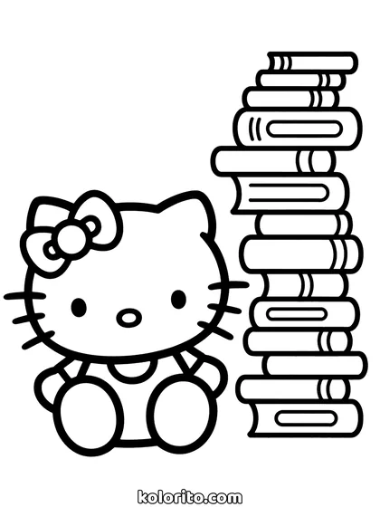 Hello Kitty coloring page: sitting beside a tall stack of books