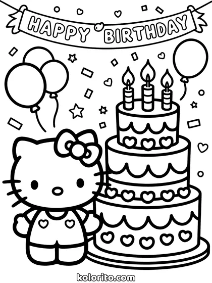 Hello Kitty coloring page: beside a tall tiered birthday cake with lit candles