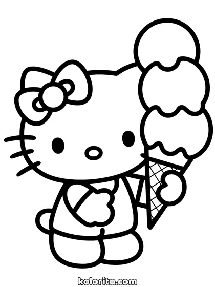 Hello Kitty coloring page: holding a tall ice cream cone with three scoops