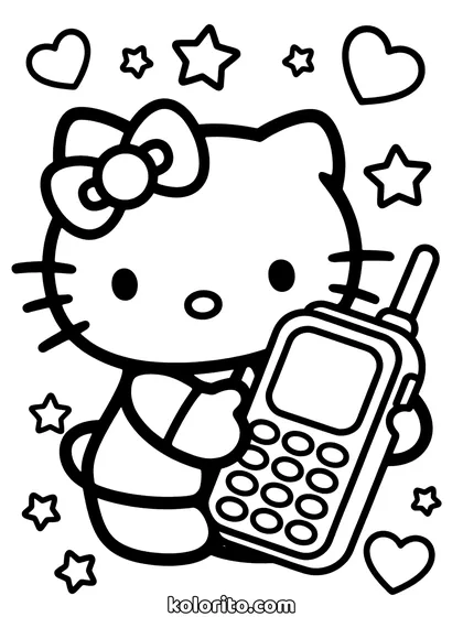 Hello Kitty coloring page: holding a retro mobile phone with a keypad