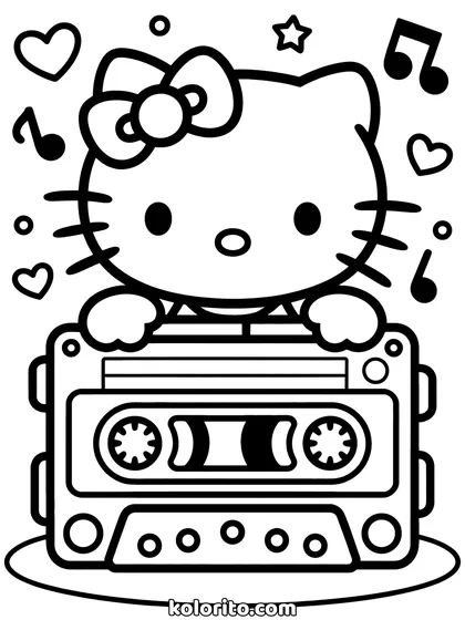 Hello Kitty coloring page: leaning on a retro cassette player, music notes above