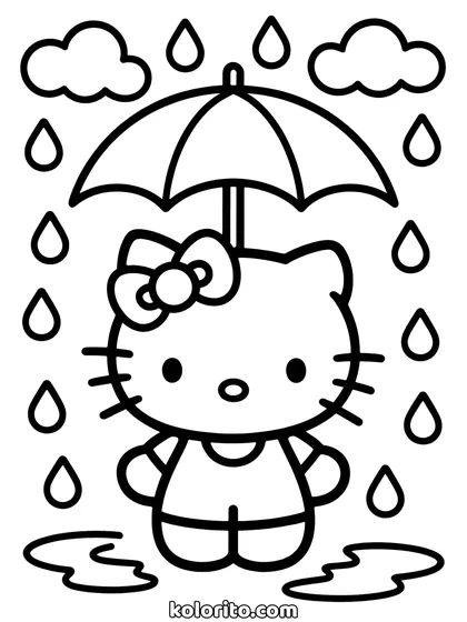 Hello Kitty coloring page: holding an umbrella in the rain, with puddles below