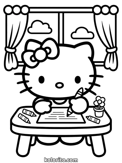 Hello Kitty coloring page: writing at a small table with pencils, a window behind her