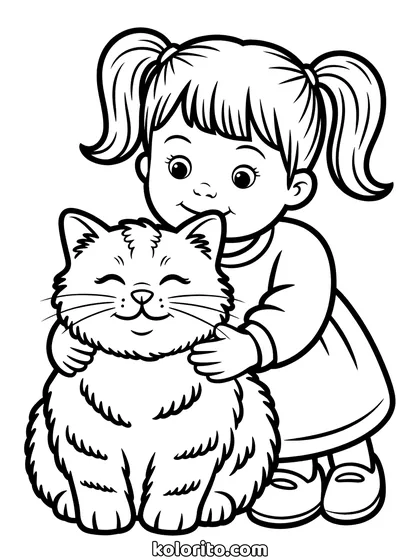 Meisje knuffelt kat kleurplaat: een meisje met staartjes knuffelt een grote pluizige kat