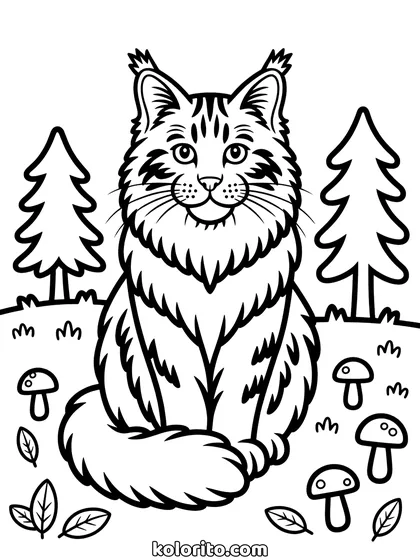 Maine coon kleurplaat: een grote maine coon zit rechtop in een bos tussen paddenstoelen