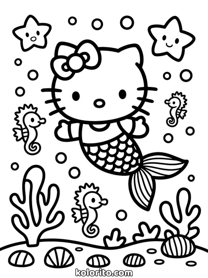 Mermaid Hello Kitty coloring page: with a scaled tail among seahorses, coral and shells