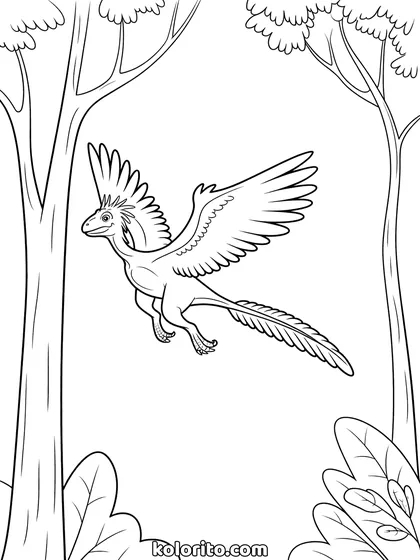 Microraptor kleurplaat: een Microraptor zweeft tussen de bomen door