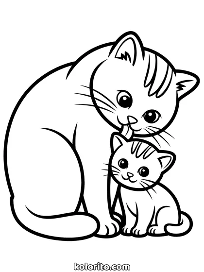 Moederkat met kitten kleurplaat: een grote kat likt haar kleine kitten schoon
