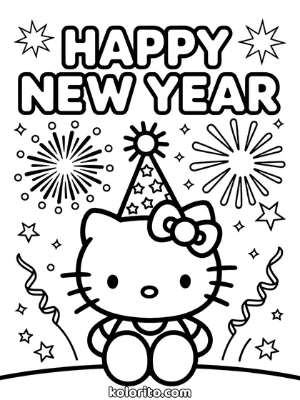 Hello Kitty coloring page: under a Happy New Year heading with fireworks and streamers