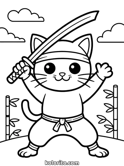 Ninja kat kleurplaat: een kat in ninjapak zwaait met een samoeraizwaard