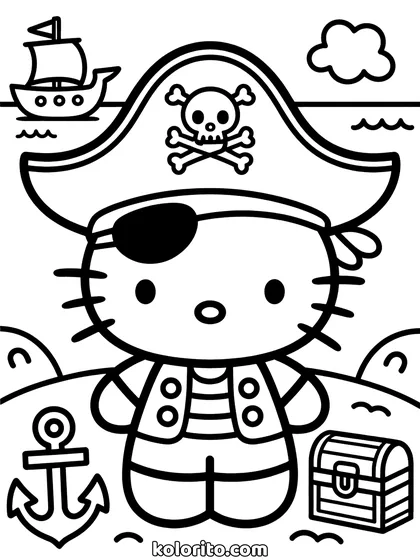 Hello Kitty coloring page: with an eye patch and a skull hat, a treasure chest and a ship behind