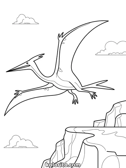 Quetzalcoatlus kleurplaat: een reusachtige Quetzalcoatlus landt op een rots
