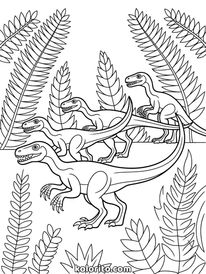 Raptor kleurplaat: een groep raptoren sluipt door hoge varens