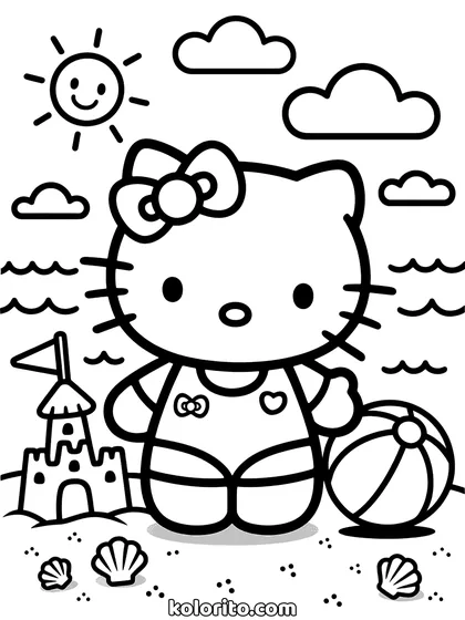 Hello Kitty coloring page: on the beach with a sandcastle, a beach ball and shells