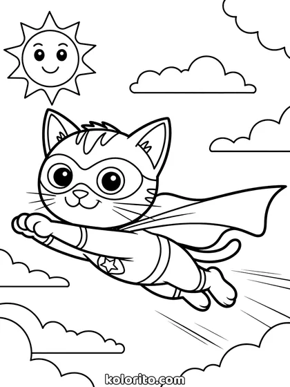 Superheld kat kleurplaat: een kat met cape en masker vliegt door de lucht