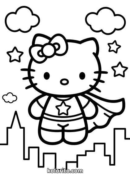 Hello Kitty coloring page: in a cape with a star on the chest, above a city skyline