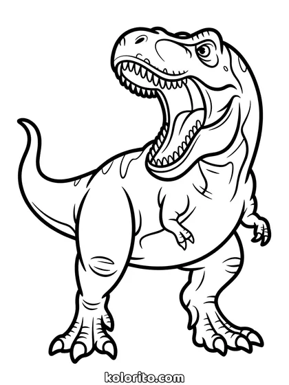 T-rex kleurplaat: een brullende Tyrannosaurus rex met wijd open bek en scherpe tanden