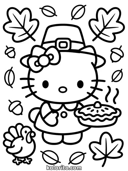 Hello Kitty coloring page: in a pilgrim hat holding a pie, autumn leaves and a turkey around her