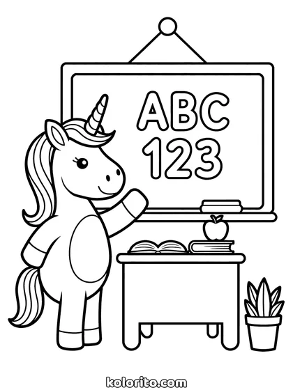 Unicorn bij het schoolbord kleurplaat: unicorn schrijft op een schoolbord