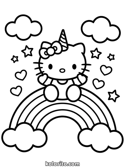 Unicorn Hello Kitty coloring page: with a horn, sitting on a rainbow between clouds