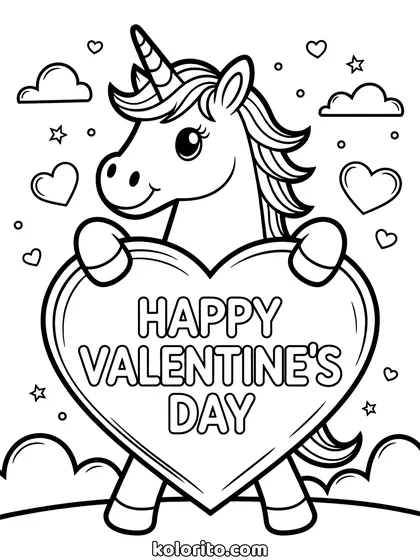 Unicorn met hartje kleurplaat: unicorn met een groot hart, voor valentijn